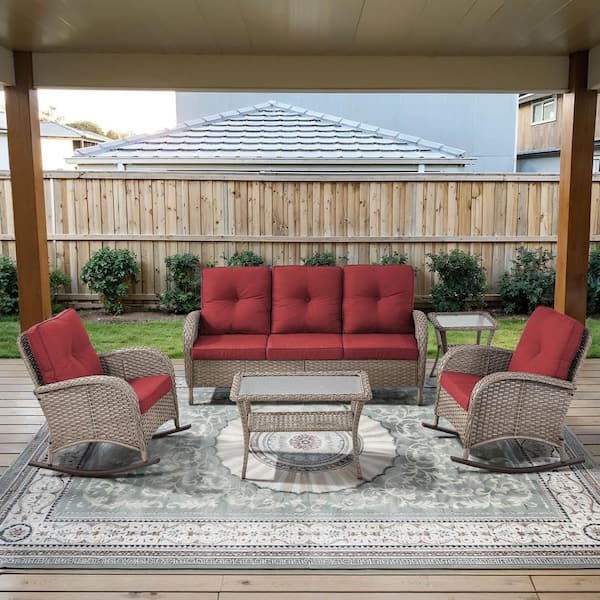 PlainCurve 5-Piece Gray Wicker Patio Conversation Set with Rocking Chairs and  Olefin Red Cushions
