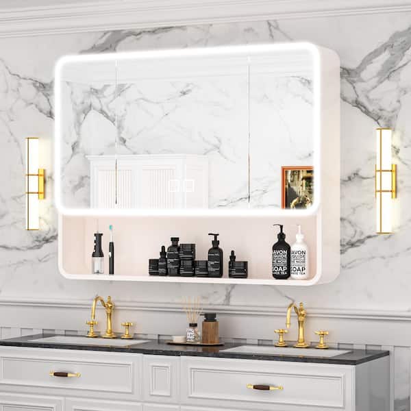 35 in. W x 28 in. H Rectangular Aluminum Medicine Cabinet with Mirror and Light, Dimmable, Defogger, Khaki