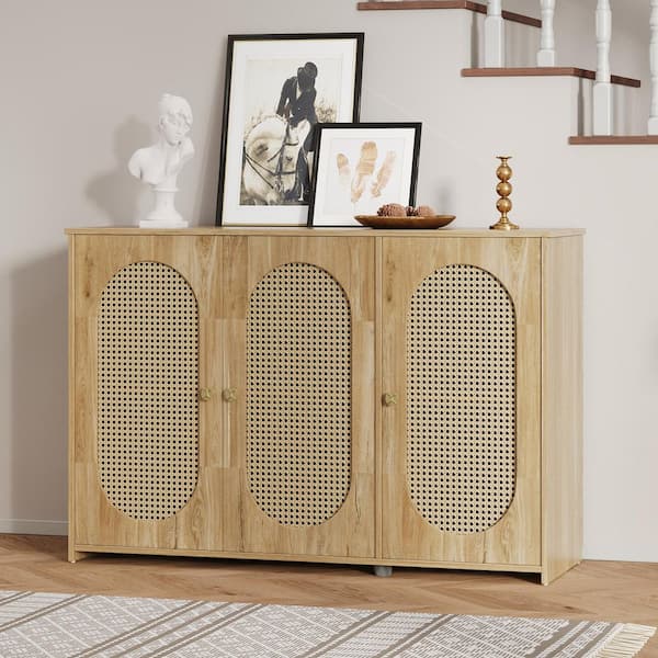 Spruce & Spring Lena Natual Wood 48.8 in. 3-Door Sideboard with Rattan Panels with Large Storage Space for Living Room and Hallway