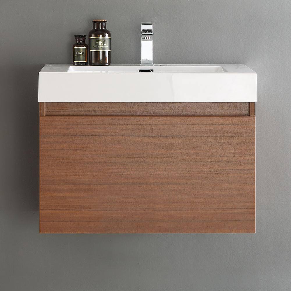 Teak 30" Wall-Mounted Single Sink Bathroom Vanity with Acrylic Top
