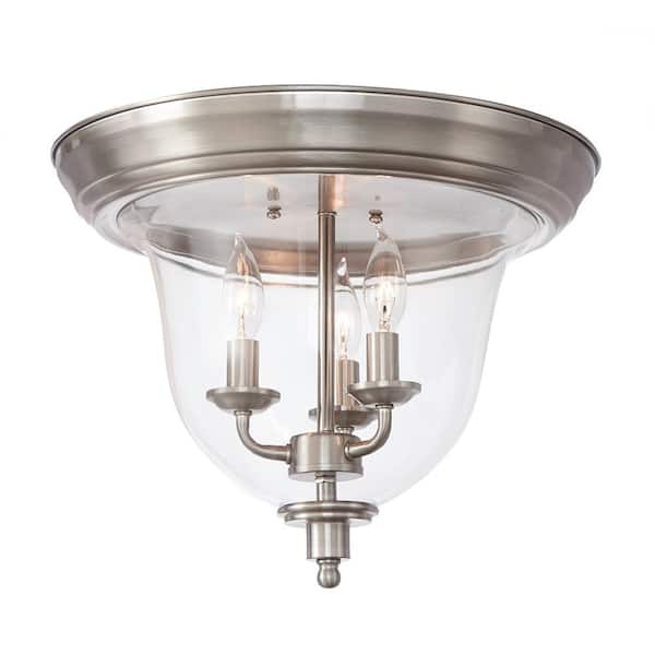 Home Decorators Collection 15 in. 3-Light Brushed Nickel Flush Mount Ceiling Light Fixture with Clear Glass Shade
