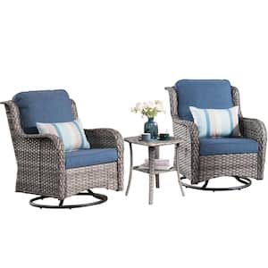 Moonlight Gray 3-Piece Wicker Patio Conversation Seating Sofa Set with Denim Blue Cushions and Swivel Rocking Chairs