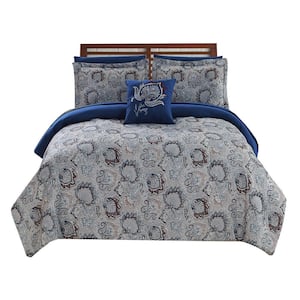 Caen 8- Piece Gray and Blue Solid Print Polyester Queen Comforter Set