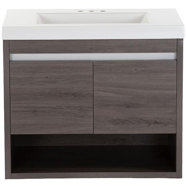 Domani Wilby 31 in. W x 19 in. D x 26 in. H Single Sink Floating Bath Vanity in Dark Oak with White Cultured Marble Top