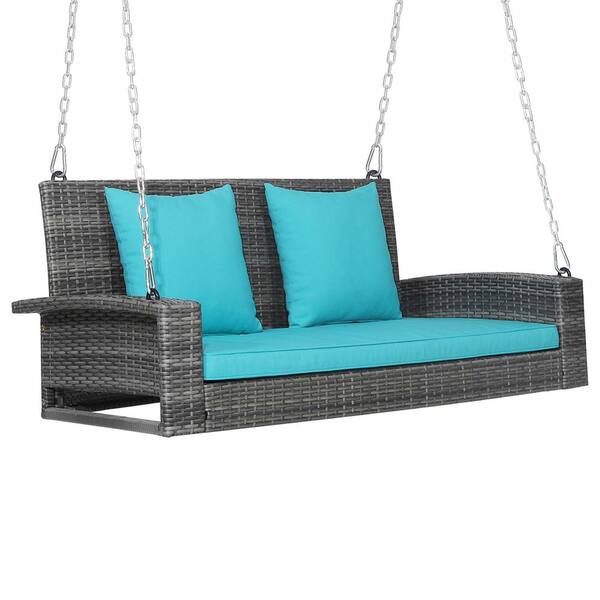 Gymax 2-Person Patio Hanging Porch Swing Rattan 800 lbs. Swing Bench with Turquoise Cushions