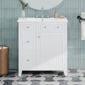 30 in. x 18 in. x 34 in. Bath Vanity Freestanding Storage Cabinet in White with White Caremic Top, Double-Layer Drawer