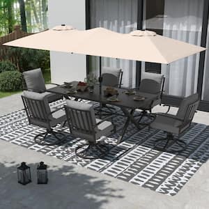 7-Piece Metal Patio Outdoor Dining Set with 6 Swivel Chairs, Large Table, Umbrella and Grey Cushions