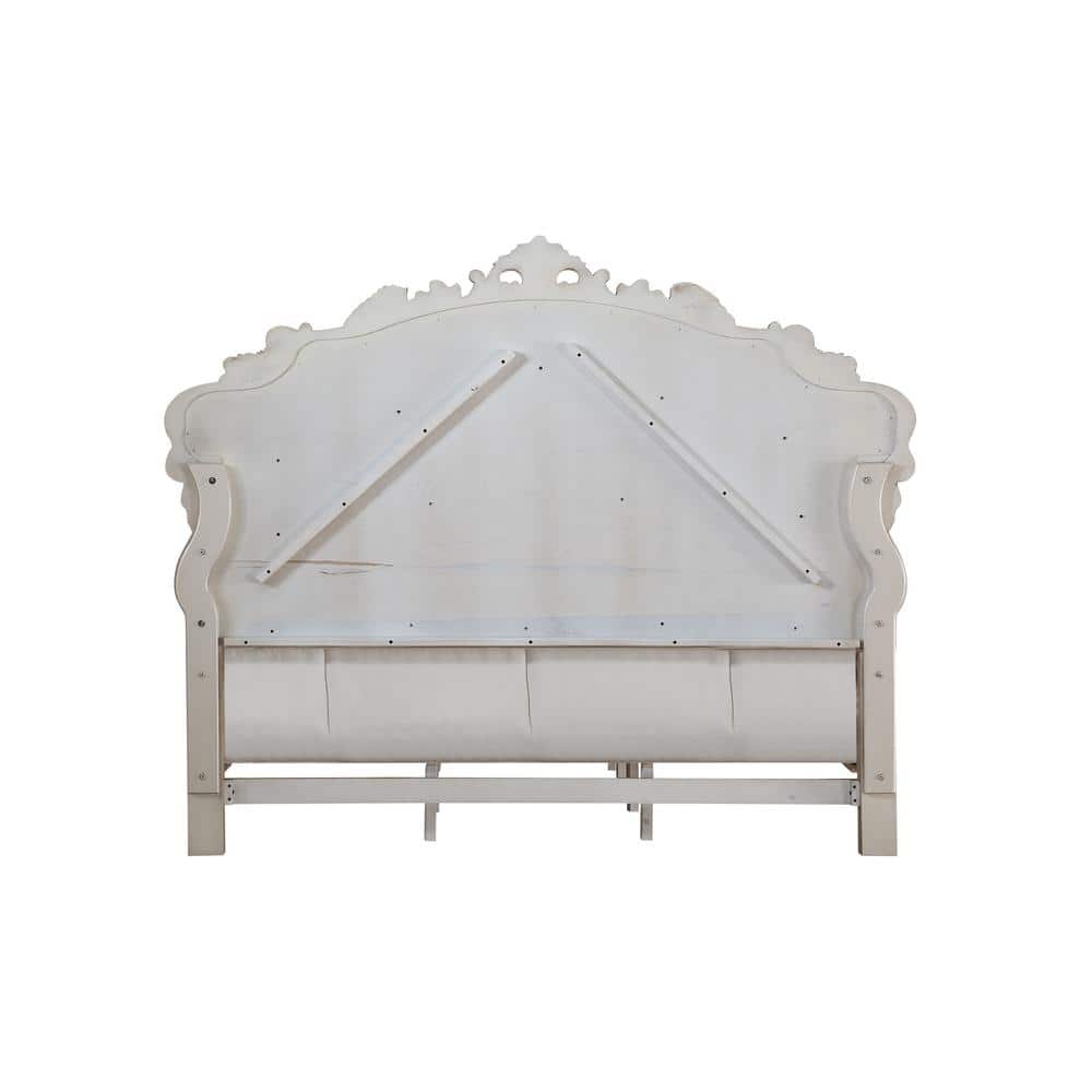 Antique White California King Upholstered Wood Bed with Tufted Headboard