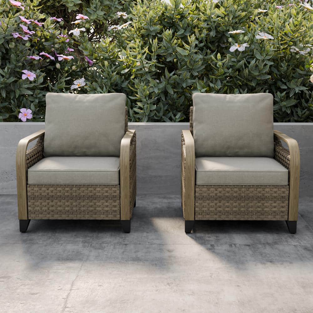 Gray Wicker Outdoor Armchairs with Cushions, Set of 2
