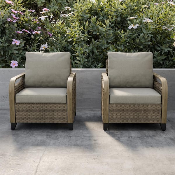 Patio Wicker Outdoor Lounge Chair with Gray Cushions(2 pack)