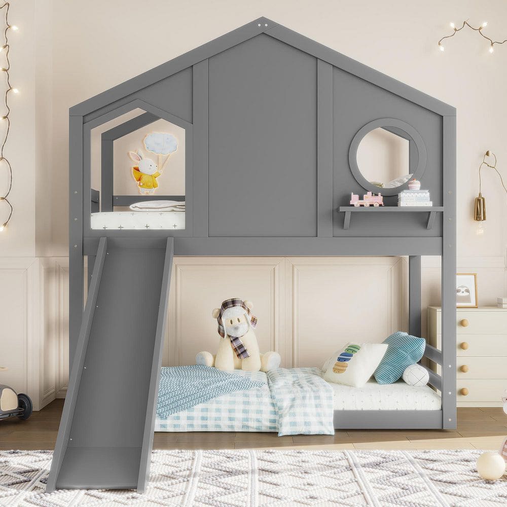 Noble House Zihna Gray Twin Over Twin Wood House Bunk Bed with Slide ...