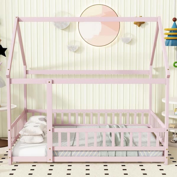 Pink Wood Frame Full Size House Platform Bed with Roof Frame, Safety Guardrails