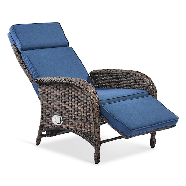 Gymojoy Carlos Brown Wicker 1-Piece Outdoor Chaise Lounge Chair, Patio Adjuestment Recliner with Blue Olefin Soft Cushion