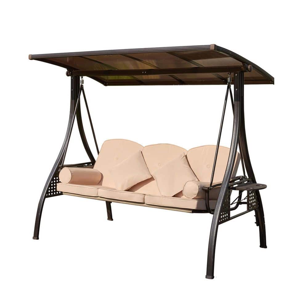 77 in. 3-Person Brown Metal Patio Swing with Khaki Cushion and Hardtop Cano