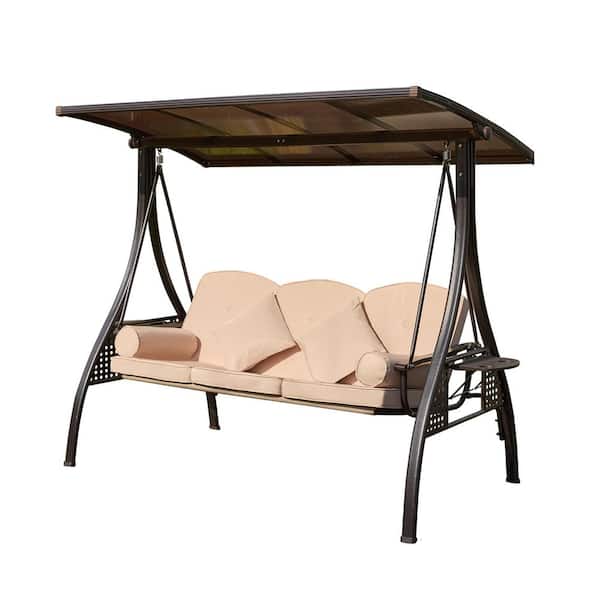 Unbranded 77 in. 3-Person Brown Metal Patio Swing with Khaki Cushion and Hardtop Canopy
