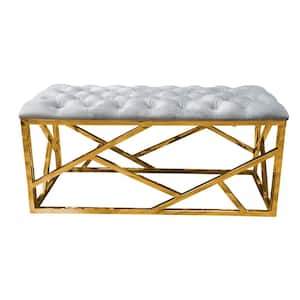 Barbosa Grey, Gold Velvet Accent Bench 39 in. D x 17.5 in. H