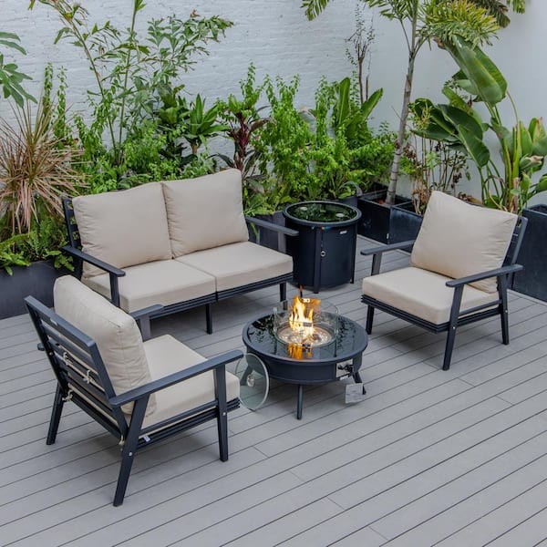 Leisuremod Walbrooke Black 5-Piece Aluminum Round Patio Fire Pit Set with Beige Cushions and Tank Holder