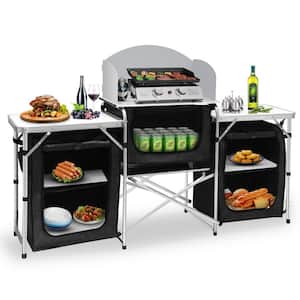 Outdoor Camping Kitchen with 3 Zippered Bags Camping Cook Table with 2 Aluminum Side Tables, 2 Layers of Counter-tops