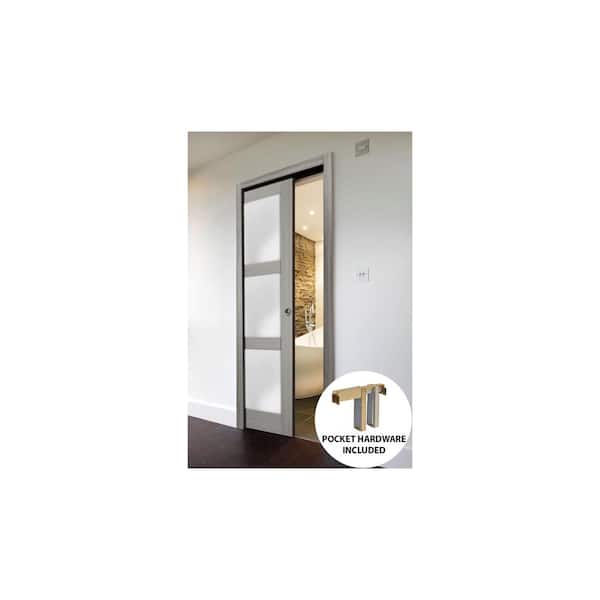 2552 28 in. x 80 in. 3 Panel Gray Finished Pine Wood Sliding Door With Pocket Hardware