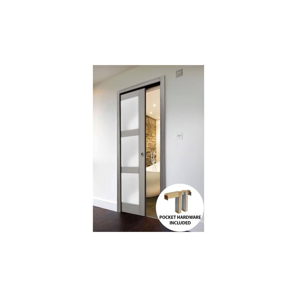 Lucia 2552 Grey Ash 30 x 84 Inch 3-Panel Sliding Pocket Door with Frosted Glass