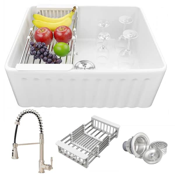 White Fireclay 24 in. Single Bowl Apron-Front Kitchen Sink with Faucets and Basket Strainer