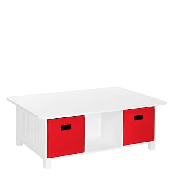 RiverRidge Home White Rectangular Kids Desk, Activity and Play Table with 6-Storage Cubbies with 2-Red Fabric Bins