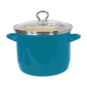 8 qt. Enamel on Steel Stock Pot in Teal with Glass Lid