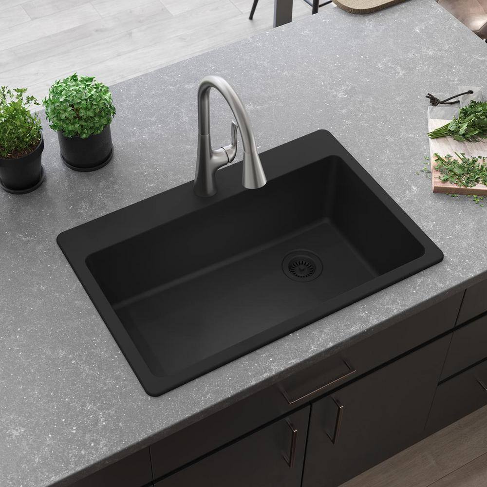 Matte Black Quartz Single Bowl Drop-In Sink, 33 x 22 Inches