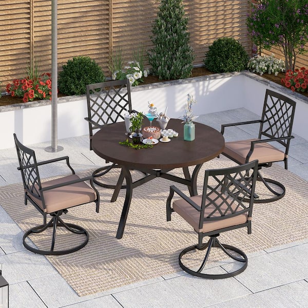 PHI VILLA Black 5-Piece Metal Outdoor Patio Dining Set with Wood-Look ...