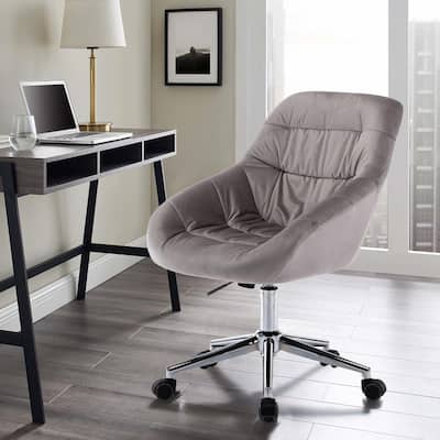Dark Gray Swivel Velvet Home Office Chair with Polished Chrome Metal Base