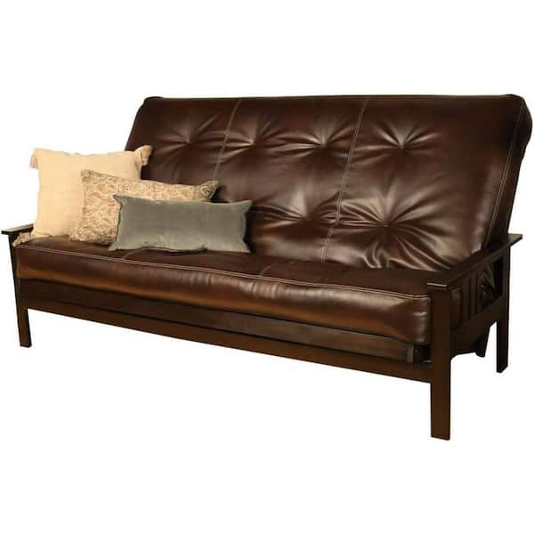 85 in. Espresso/Oregon Trail Java Leather Upholstered Queen Size Futon Set with Mattress
