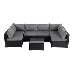 Black 7-Piece Wicker Outdoor Sectional Set Patio Sofa Set with Gray Cushions and Coffee Table