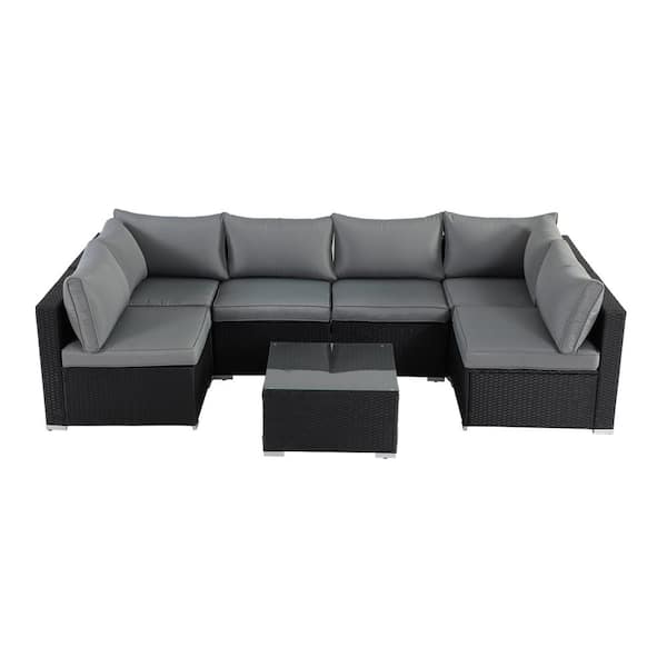 Anvil Black 7-Piece Wicker Outdoor Sectional Set Patio Sofa Set with Gray Cushions and Coffee Table