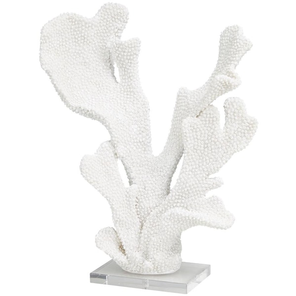Litton Lane Oriana White 13 in. x 16 in. Polystone Tall Textured Coral Sculpture with Clear Acrylic Base