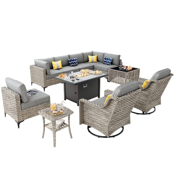 Apollo 11-Piece Wicker Rectangular Fire Pit Sets and Swivel Rocking Chairs with Dark Gray Cushion