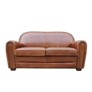 Paris Club 62 in. Brown Solid Genuine Leather 2-Seater Loveseats, Rolled Arm