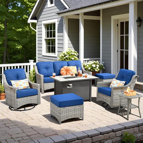 HOOOWOOO Verona 7-Piece Wicker Outdoor Patio Fire Pit Furniture Conversation Sofa Set with Swivel Chairs and Navy Blue Cushions