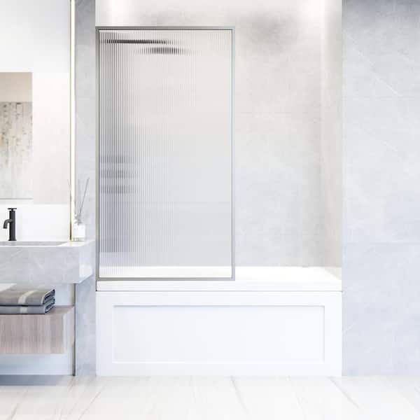 VIGO Meridian 34 in. W x 62 in. H Framed Fixed Tub Screen Door in Stainless Steel with 3/8 in. (10mm) Fluted Glass