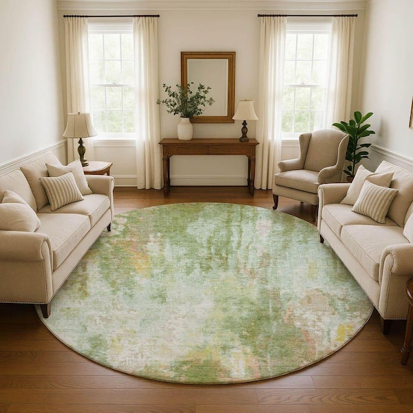 Mayfield Premium Machine Washable Abstract AMF1640 Sage 8 ft. x 8 ft. Round Rug