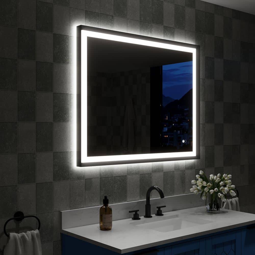 40 in. W x 32 in. H Rectangular Framed Dimmable Defogging Backlit Front LED Bathroom Vanity Mirror with Light in Black price history on PriceWatchPro