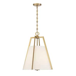 Mansfield 18 in. W x 21 in. H 3-Light Warm Brass Statement Pendant Light with White Fabric Shade