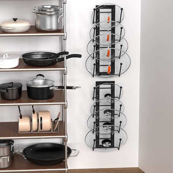 2-Piece Black Adjustable Pot Lid Organizer Rack for Cabinet Door, No Drilling Pans Holder for Kitchen Drawer Organizer
