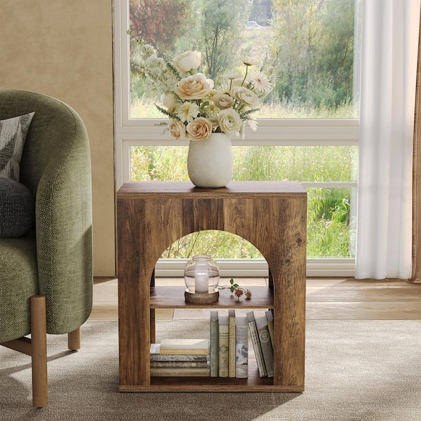Farmhouse 23.62 in. Brown Wood End Table with 2 Shelves-Sofa Side Table for Living Room, Bedroom and Storage