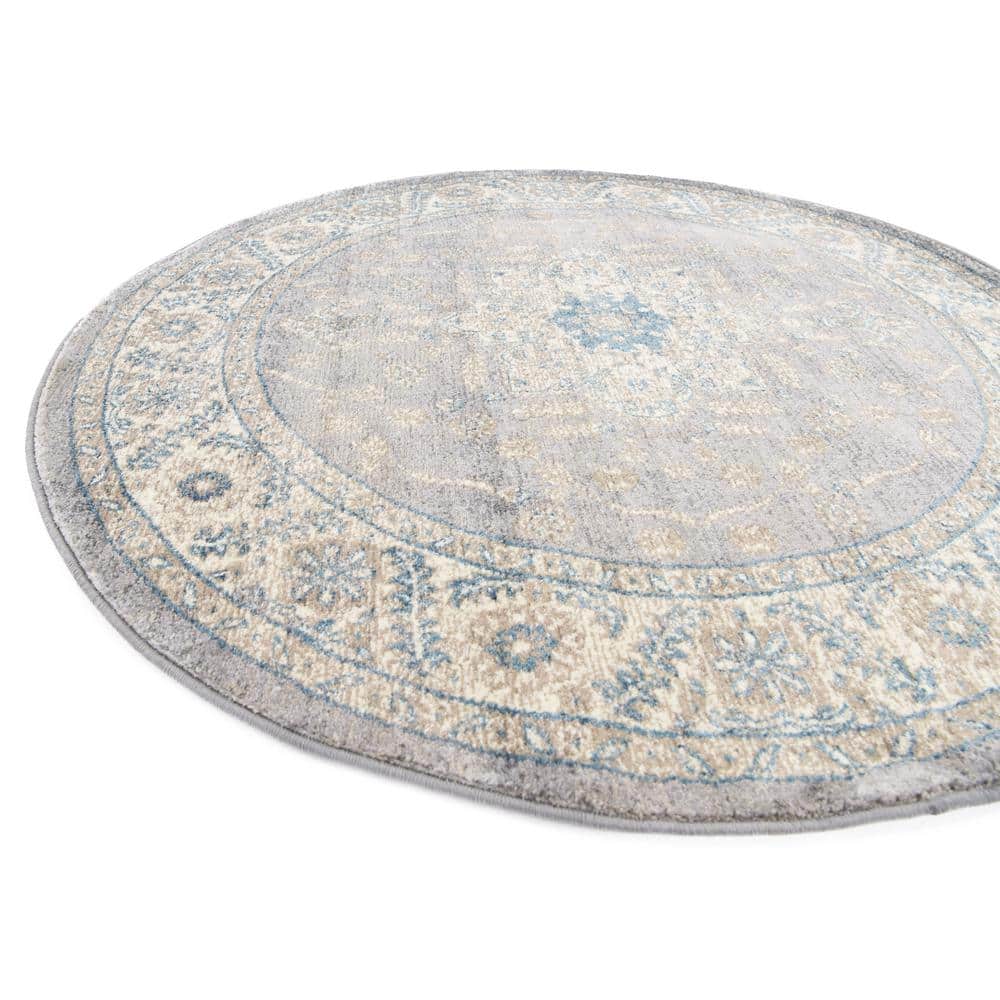 Salzburg Floral Medallion 5'1" Round Rug in Gray - Stain-Resistant