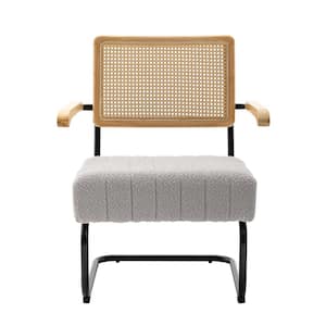 Mid-Century Rattan Backrest Gray Boucle Seat Accent Chair