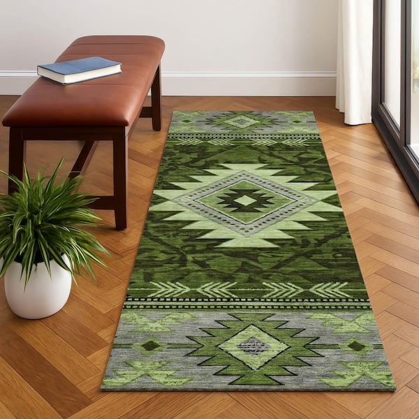 Mayfield Premium Machine Washable Abstract AMF1754 Olive 2 ft. 3 in. x 7 ft. 6 in. Runner Rug
