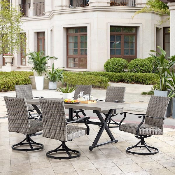 ULAX FURNITURE 7-Piece Wicker Outdoor Dining Set with Swivel Chairs and Steel Table