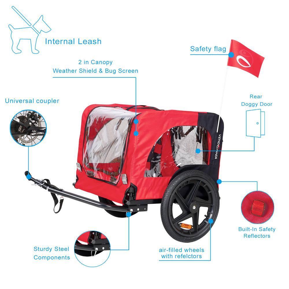 Red Foldable Bicycle Trailer for Small to Medium Pets with Reflectors