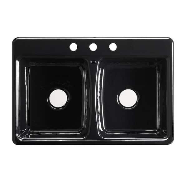 KOHLER Deerfield Self-Rimming Drop-in Cast Iron 16.06 in. 3-Hole Double Kitchen Sink in Black Black-DISCONTINUED