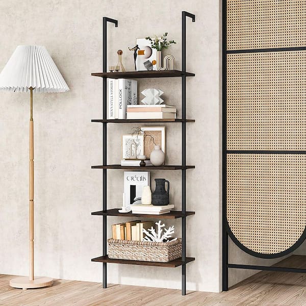 Bookshelf hotsell 5-Tier Wall Mount Ladder Storage Industrial Bookcase Shelf Modern Wood